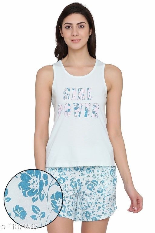 GTCb-11374617 Clovia Clovia Text Print Top & Floral Print Shorts Set in Light Blue- 100% Cotton  - M, Onahau