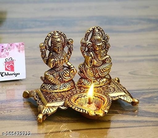 GHDc-165479712 Lakshmi Ganesha with Diya Statue Idol Murti in Metal Showpiece  - P-A, Free Size