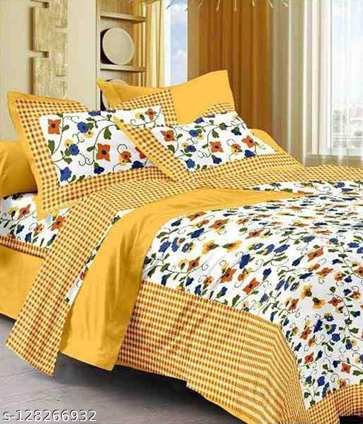 GHFa-128266932 Jaipuri Cotton Double bed King Size Bed Sheet  - Yellow, Queen