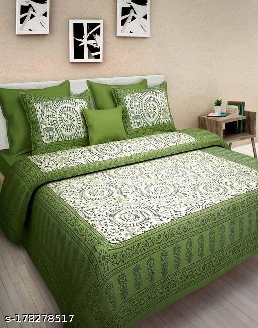 GHFa-178278517 100 % Cotton double bed bedsheet with 2 pillow cover - Hippie Green, Double