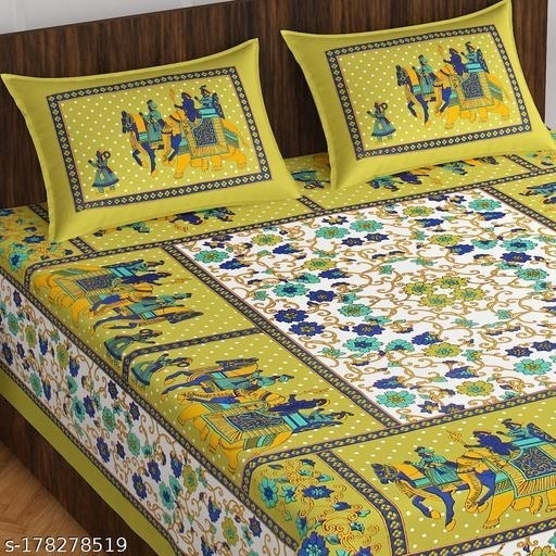 GHFa-178278519 100 % Cotton double bed bedsheet with 2 pillow cover - Double, Yellow Multi
