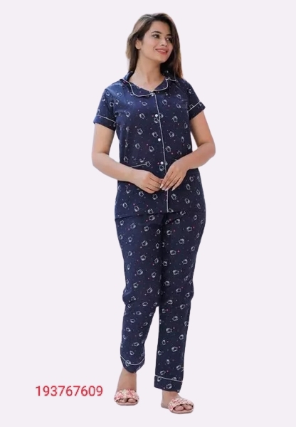 GTCb-193767609 Jaipuri Handblock Printed Night Suits Top & Payjama For Womens Girls - Navy Blue, S
