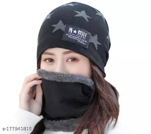 GWSc- 177941815 Alexvyan Star Style Winter Woolen Cap with Scarf (Black) - Black, Free Size