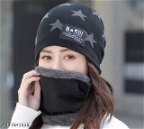 GWSc- 177941815 Alexvyan Star Style Winter Woolen Cap with Scarf (Black) - Black, Free Size