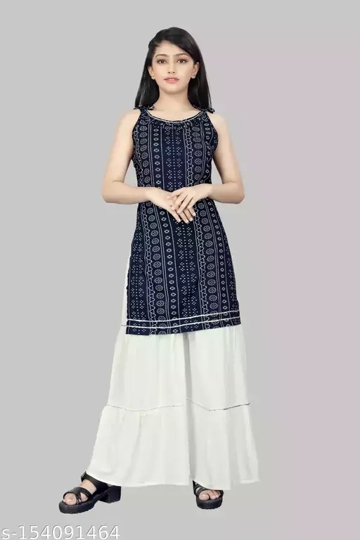 GKb- 154091464 Rayon Suit Sharara Set with Bandhini Print - Navy Blue, 7-8 Years
