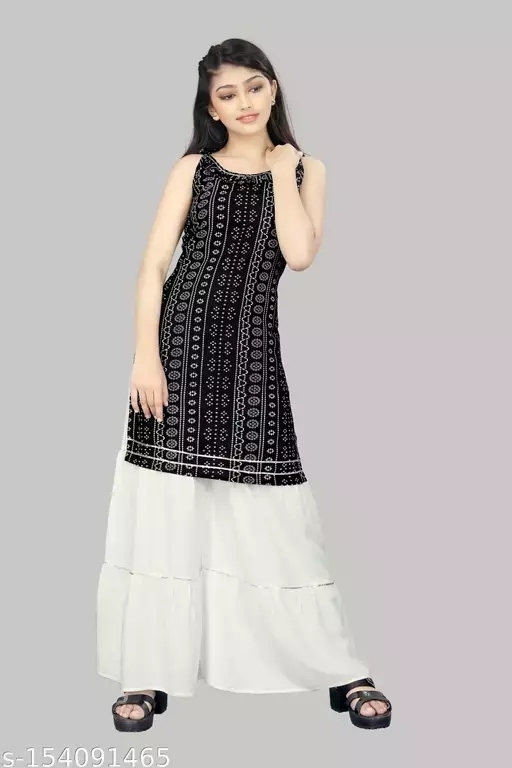 GKb- 154091465 Bandhini Print Top and Sharara Bottom For Girls - Black, 7-8 Years