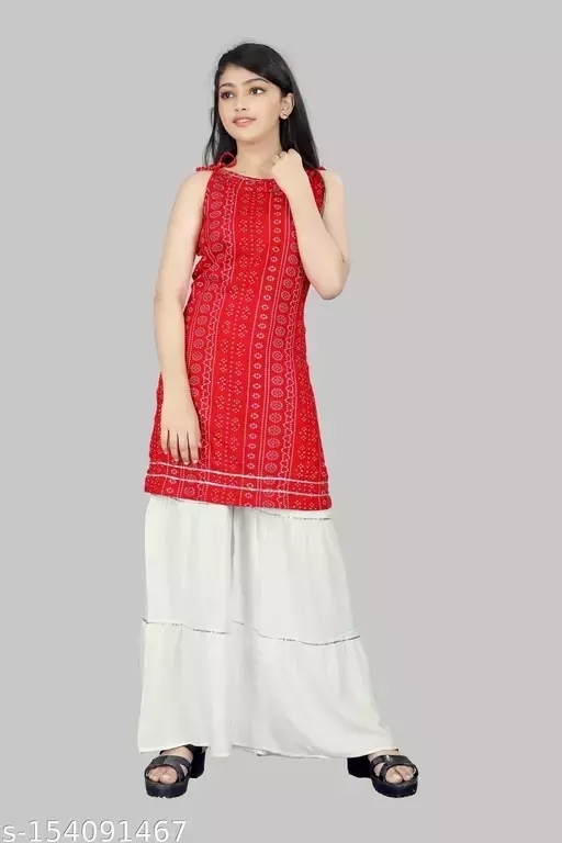 GKb- 154091465 Bandhini Print Top and Sharara Bottom For Girls - Red, 12-13 Years