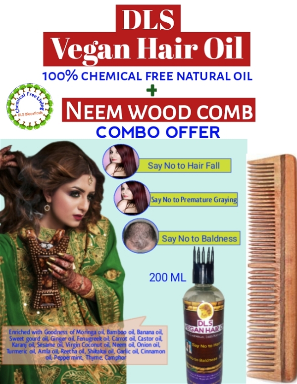 DLS Neem Wood Comb & Vegan Hair Oil Combo - 200 ML+7.5 Inch