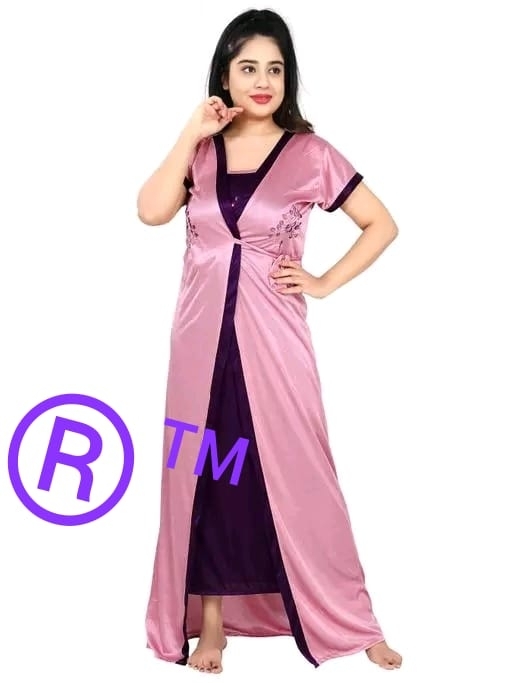 Moni Nightwear Women Satin Embroidred Two Pieces Silk Purple Sleep Nighty With Pink Robe