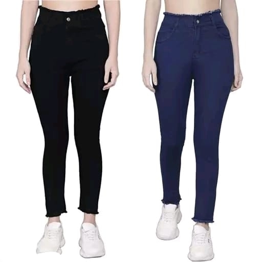 Single Cotten Button Furr High Elwaisr Jeans For Women & Girls Combo Pack Of 2 - Rskart, 36