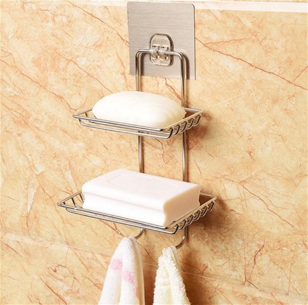 Double Tier Soap Dish Holder Wall Mounted Stainless Steel W/Hook