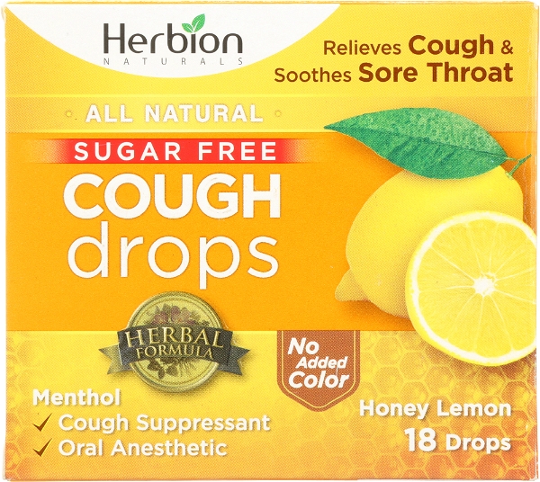 HERBION NATURALS: Cough Drops Honey Lemon No Sugar, 18 tb