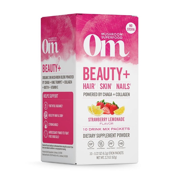 OM ORGANIC MUSHROOM NUTRITION: Beauty+ Powered by Chaga & Collagen Drink Stick 10 Pack, 2.2 oz
