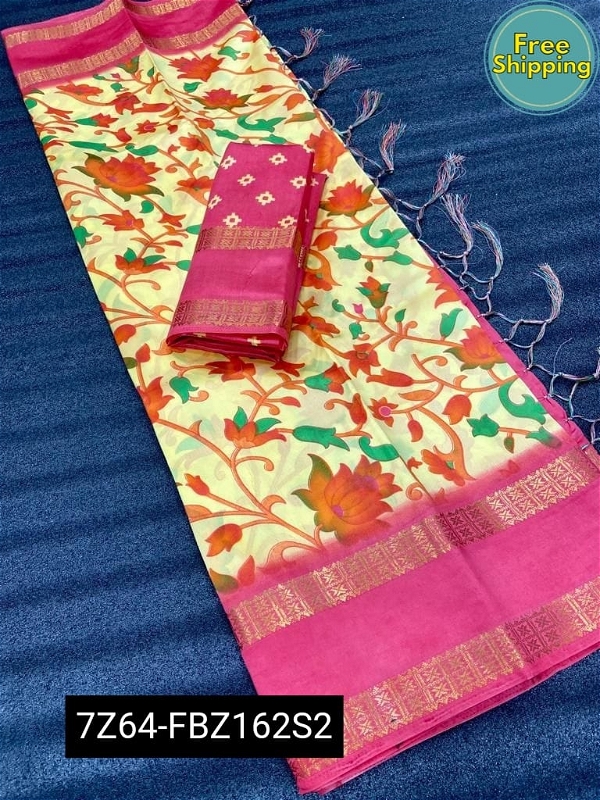 SOFT LICHI SILK beautiful jacquard weaving border and HD floral print and attractive tassels on pallu - Purple Pizzazz, Free Size