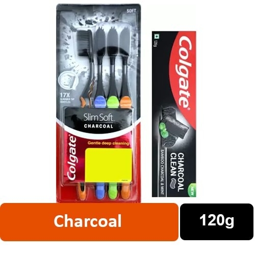 Colgate Charcoal Clean Toothpaste + Free Slim Soft Charcoal Toothbrush - 120g +4 Brush Free