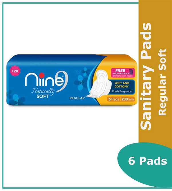 niine Soft Regular Sanitary Pads(230mm)(Free Disposal Bags) - 6 Pads