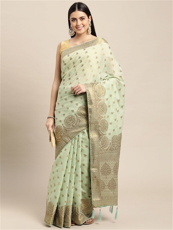 Leeza Store Banarasi Cotton Blend Zari Butta/Butti Floral Pattern Border Saree With Blouse Piece - Sea Green