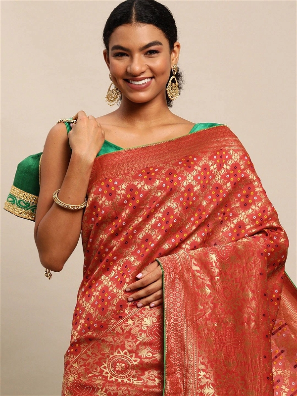 Leeza Store Cotton Blend Banarasi Bandhani Fusion Style Woven Saree with Blouse Piece - Red