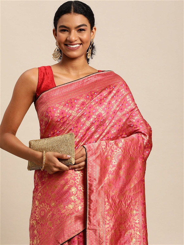 Leeza Store Cotton Blend Banarasi Bandhani Fusion Style Woven Saree with Blouse Piece - Hot Pink