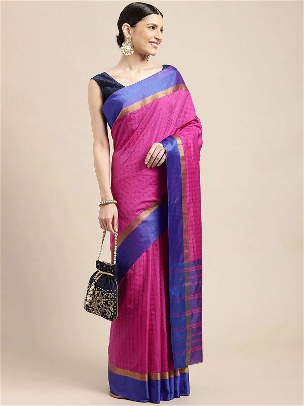 Leeza Store Cotton Silk Blend Woven Striped Self Design Golden Zari Border Saree With Blouse Piece - Rani Pink