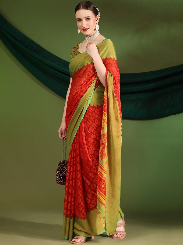 Leeza Store Red & Green Colored Women's Soft Chiffon Brasso Printed Saree with Blouse Piece - LZPKSDEEP-RED - Red