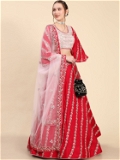 Leeza Store Women's Red Chinnon Zari And Thread Embroidery Work Flared Lehenga Choli With Dupatta - LZLHGEMBD-RED - Red