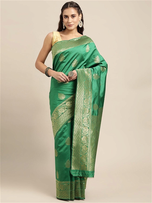 Leeza Store Silk Blend Zari Ethnic Motifs Floral Pattern Border Banarasi Saree With Blouse Piece - Dark Green
