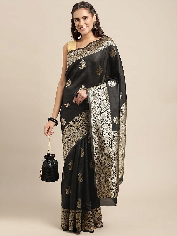 Leeza Store Silk Blend Zari Ethnic Motifs Floral Pattern Border Banarasi Saree With Blouse Piece - Black