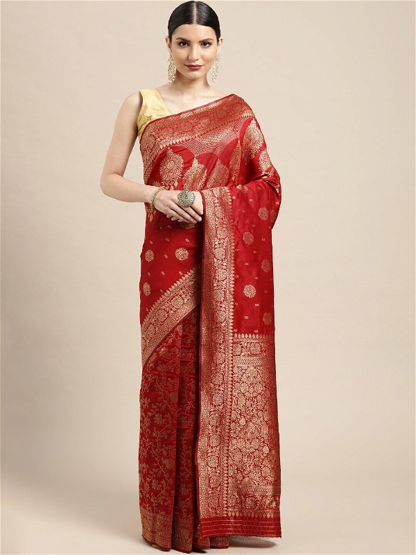 Leeza Store Women's Red Silk Blend Golden Zari FLoral Pattern Zari Butta Butti Woven Banarasi Style Saree with Unstitched Blouse Piece - Red