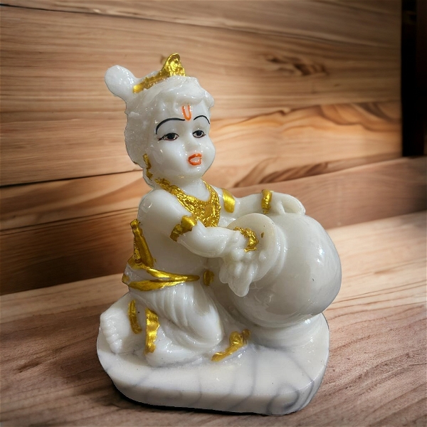 White Marble Look Baby Krishna - 5x4 inch, White & Golden