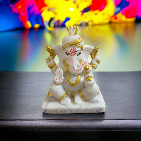White  Marble Look Pagdi Ganesha Idol 5 Inch - 5 inch, white & golden