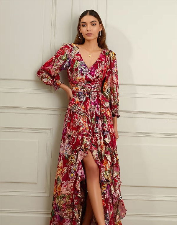 Fuchsia Lurex Viscose Georgette Floral Print Maxi Dress - M