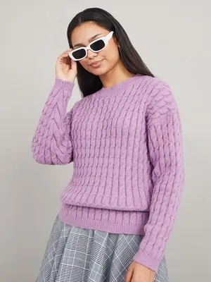 Purple Cable Knit Regular Length Regular Fit Sweater - l, Pink