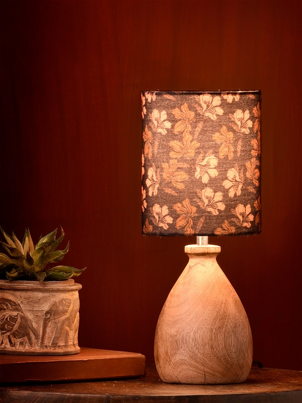 Wooden Dome Table Lamp Black Floral Shade - 5''X4''X12'', Brown, Digitally Printed Ploy Cotton, Black