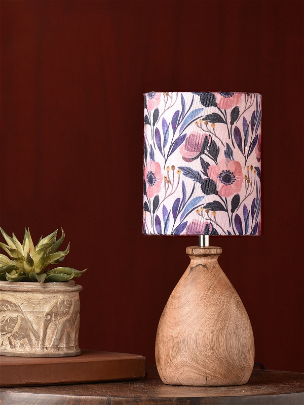 Wooden Dome Table Lamp Pink Floral Shade - 5''X5''X12'', Canvas, Pink, Polished, Wood