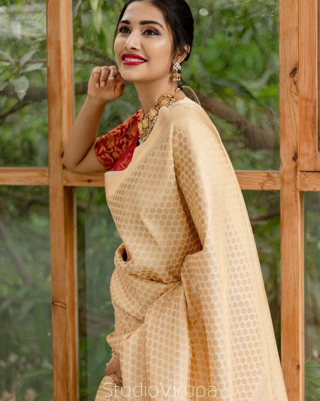 RE - Attractive cream chinon silk thread work saree - Sarees - Indian