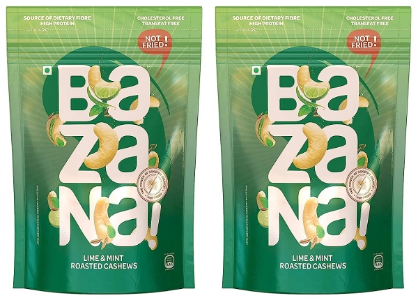 Bazana Zesty and Crunchy Delight: Bazana Roasted & Lime Mint Cashews Nuts - Flavoured Roasted Masala Cashews - Salted Kaju Snacks with Zero Cholesterol (200 g, Pack of 2)