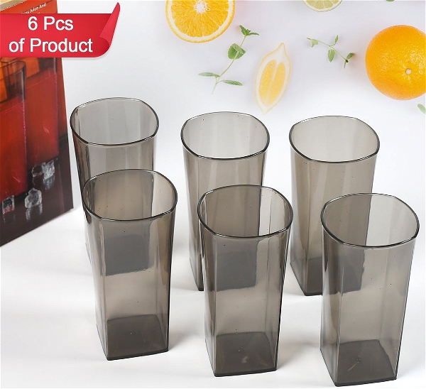 4974 Unbreakable Stylish Transparent Square Design Water/Juice/Beer/Wine Tumbler Plastic Glass Set ( 300 ML, Pack of 6)