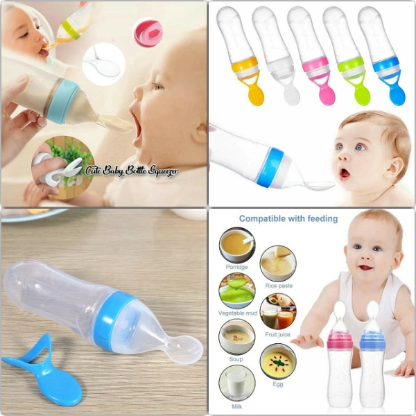 Baby Kid Silicone Squeeze Feeding Bottle 90ML With Spoon 200PB