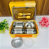 Stainless steel 4 section bento lunch box With leak proof round bowl Spoon and fork included  Vibrant color