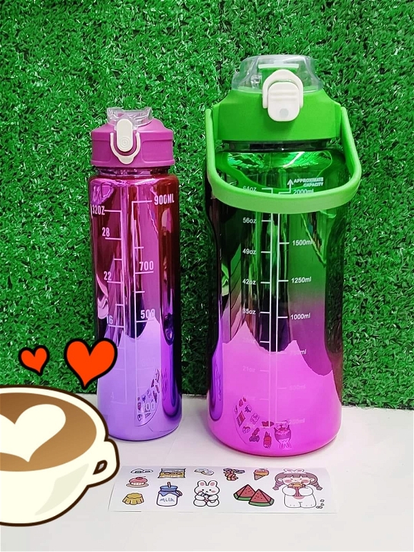 Stay hydrated bottle in holographic shimmer available Big 2000 ml Small 900 ml With straw n stickers included Plastic BPA free