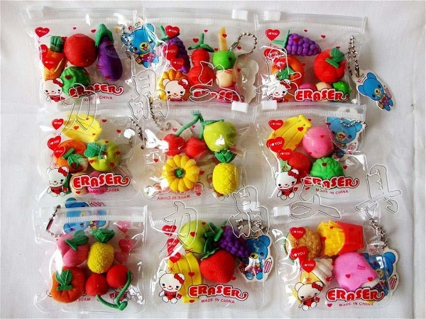 Fruit erasers in cute pouches set of 9