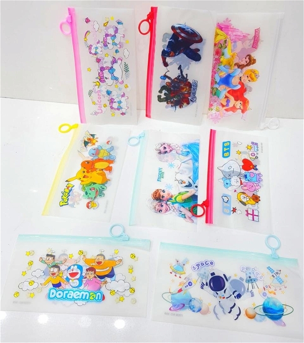 Good quality transparent Cartoon printed pencil pouches Only girl or boy choice possible Design random only pack of 12