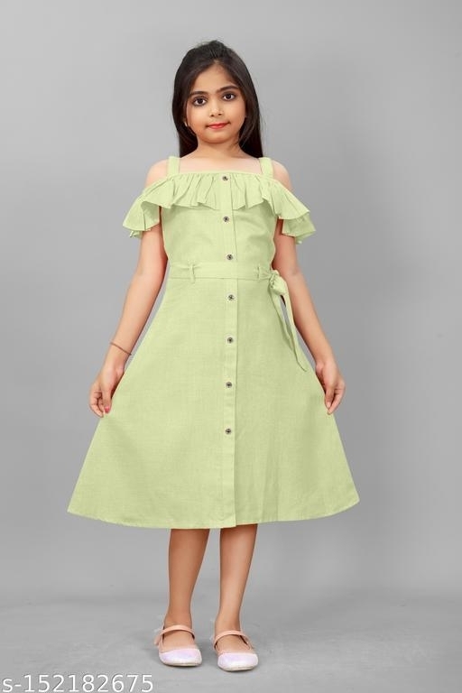 Lime Green Printed Girls Frock, Size: 12-13 Years