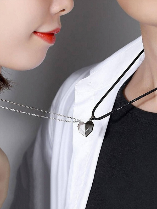 Karrington Stylish Couple Heart Lockets | Black Silver Magnet Attraction couple lOve Pendants  - Free Size, Black