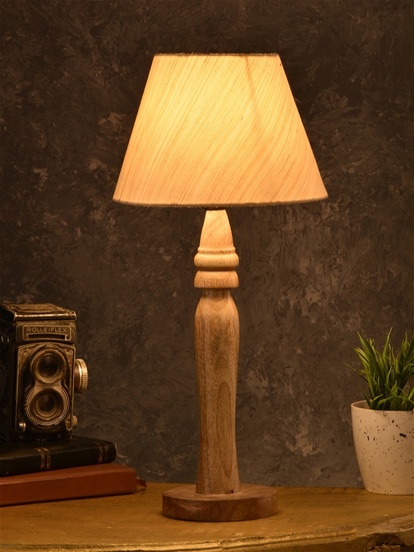 Green girgit Round Brown Lamp with Taper Off White Cotton Shade